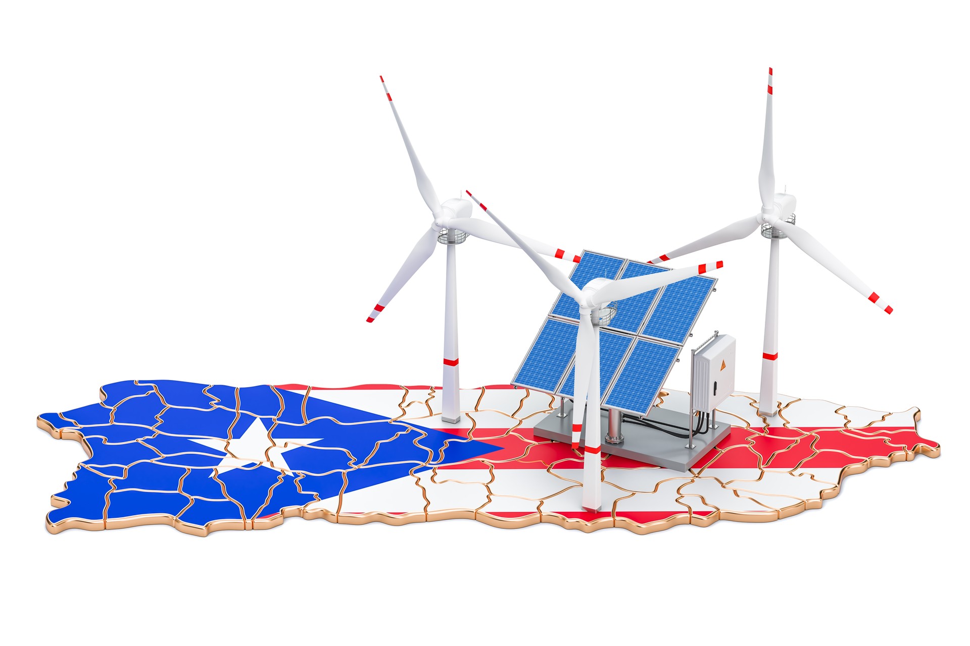 Renewable energy and sustainable development in Puerto Rico, concept. 3D rendering isolated on white background